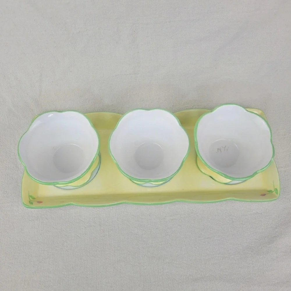Princess House Exclusive Floral Ceramic Tray and 3 Pot Bowl Set Yellow Tulip